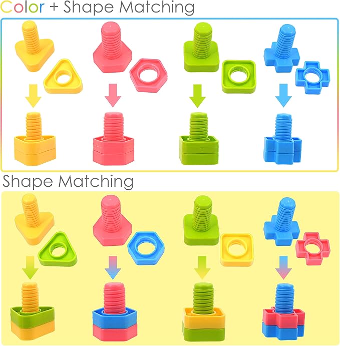 TOMYOU 32 pcs Shapes Nuts and Bolts Stacking Toys - STEM Color Sorting Learning Games - Montessori Building Kids Matching Game for Preschoolers - Construction Fine Motor Skills for Kids - Image 4
