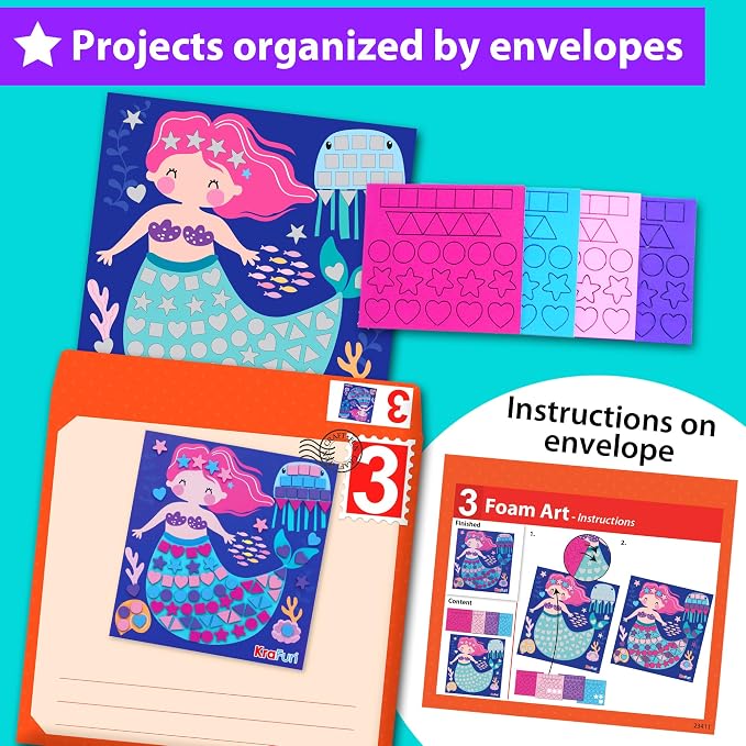 KRAFUN Craft Workshop Kit Ages 3-5 |10 Envelopes, Unicorn & Mermaid - Image 5