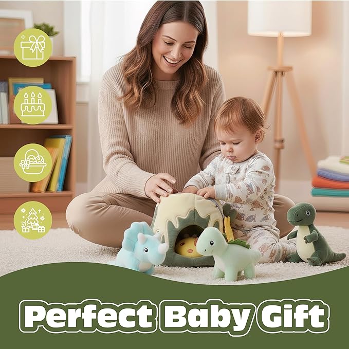 Baby Toys 6-12 Months – My Little Volcano with 5 Stuffed Dinosaurs, Montessori Toy with Rattle, Crinkle, Squeaker, Sensory Toys for Toddlers 1-3, Early Development Christmas Birthday Gift