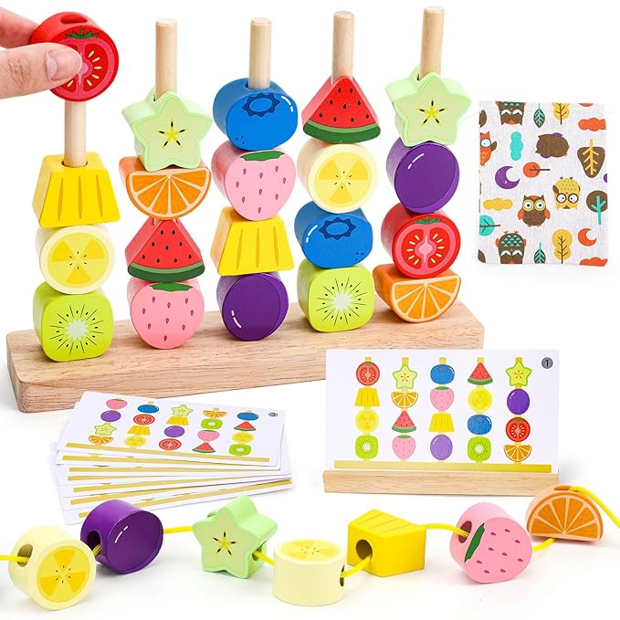 Appoft Montessori Wooden Beads Mastery Kit: Fine Motor Skills Builder for Toddlers 2-5 Stacking Blocks Lacing Beads Travel Learning Toys STEM Gifts for 2 3 4 5 Year Old Boys Girls Toys for Ages 2-4 by Unknown