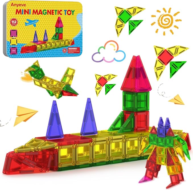 112PCS Mini Magnetic Tiles for Kids, Magnetic Tiles Travel Set with Iron Box, Portable Construction Toys STEM Educational Building Set for Kids Ages 4-8 Toddlers, Boys & Girls Birthday New Year Gift by Anyeve