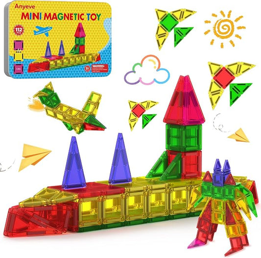 112PCS Mini Magnetic Tiles for Kids, Magnetic Tiles Travel Set with Iron Box, Portable Construction Toys STEM Educational Building Set for Kids Ages 4-8 Toddlers, Boys & Girls Birthday New Year Gift by Anyeve