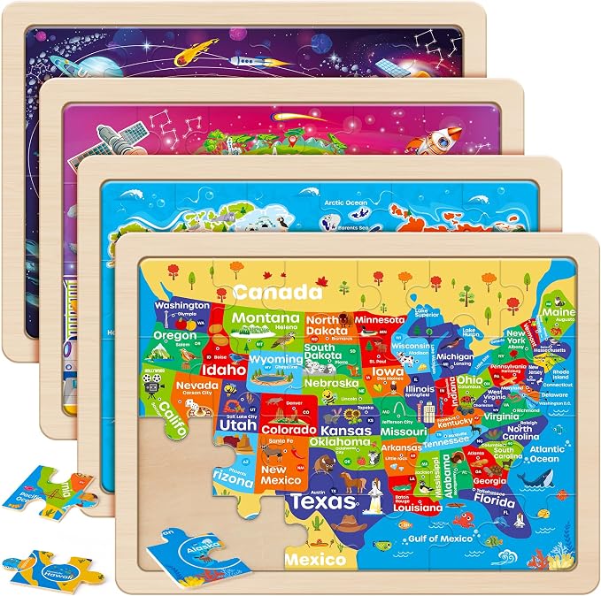 SYNARRY Large USA Map, World Map & Solar System Wooden Puzzles Ages 4-6 by SYNARRY