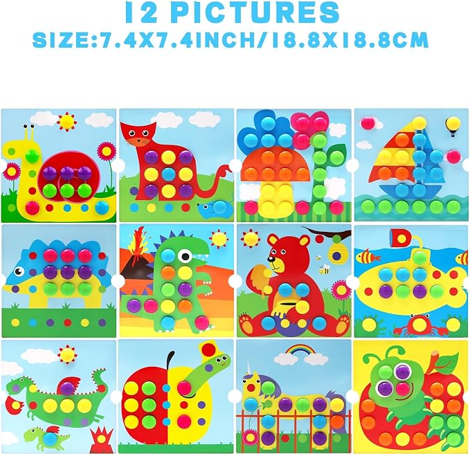 Button Art Pegboard for Toddlers - 12 Pics & 46 Buttons, Gift 3+ - Image 4