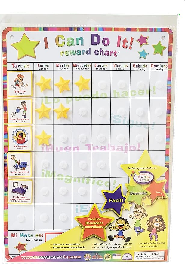 Kenson Kids Spanish English “I Can Do It” Reward and Responsibility Chart, 11 X 15.5-Inch, Daily Routine Incentive Star Chart- Visual Weekly Magnetic Chore, Behavior, and Organizational Star Chart - Image 4