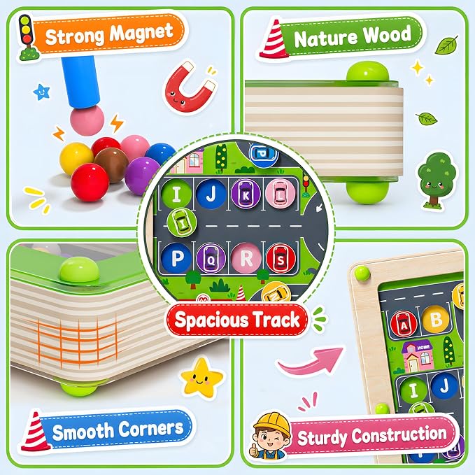 2 in 1 Magnetic Color and Number Maze Double-Sided ABC Alphabet Puzzles Board Magnet Dinosaur Counting Maze Preschool Learning Montessori Education 3 4 5 Years Toys (Car, One Size) - Image 6