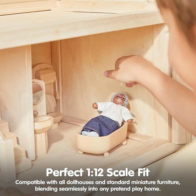 PlanToys® Grandmother Dollhouse Figure - Medium Skin Tone | Poseable 1:12 Scale Dollhouse People | Montessori Pretend Play Doll with Bendable Arms & Legs | Eco-Friendly Wooden Figurine for Kids