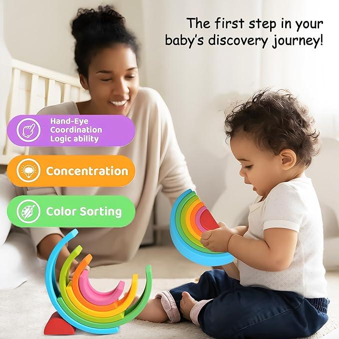 Silicone Stacking Toys for Babies, Soft Rainbow Stacker, Montessori Nesting Blocks Soft Building Toys Colorful Sensory Toys for Creative Play, for Toddlers, 7CPS