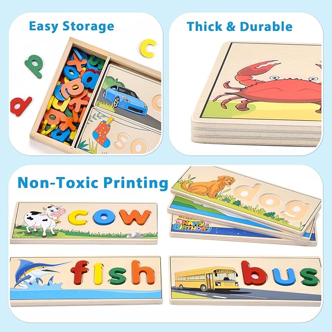Atoylink Wooden Spell Learning Toys for 2 3 4 5 Year Old Kids Match Letter Spelling Game Board & Letters & Box, CVC Word Builder Toddler Educational Toy Kindergarten Preschool Learning Activities - Image 3