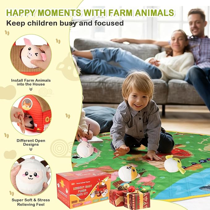 Plush Farm House Playset with 6 Farm Animal Toys & Play Mat – Soft Sensory Barn for Babies & Toddlers, Montessori Learning Toy, Portable Plush Playset for Early Animal Learning