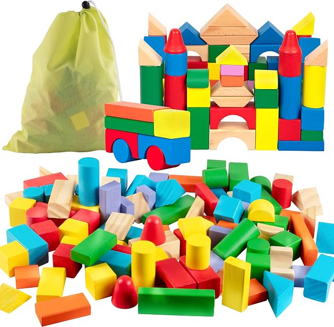 Right Track Toys Wooden Blocks - 100 Pc Wood Building Block Set with Carrying Bag (Rainbow Colored)- 100% Real Wood in 7 Colors and 14 Shapes - Stack, Build and Store- Fun Gift, Back to School Project by Right+Track+Toys+-+Thomas+Compatible+Train+Tracks+and+Accessories+that+won%27t+break+the+bank%21+++-+Since+2008