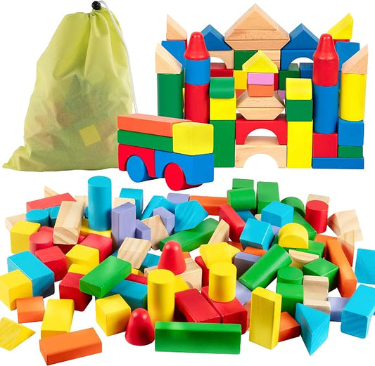 Right Track Toys Wooden Blocks - 100 Pc Wood Building Block Set with Carrying Bag (Rainbow Colored)- 100% Real Wood in 7 Colors and 14 Shapes - Stack, Build and Store- Fun Gift, Back to School Project by Right+Track+Toys+-+Thomas+Compatible+Train+Tracks+and+Accessories+that+won%27t+break+the+bank%21+++-+Since+2008