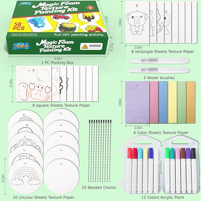 Tibibee Magic Puffy Paint, 58pcs Magic Foam Texture Painting Kit, Include 32pcs Foam Texture Paper, 12 Acrylic Markers, Magical 3D Effect Texture DIY Painting Kit for Kids Ages 3–8