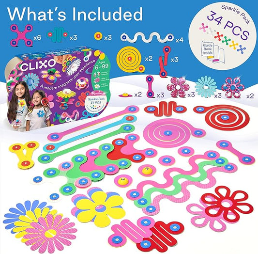 Clixo Sparkle Pack – 34-Piece Magnetic Building Set with Holographic Patterns | Create Necklaces, Bracelets & Headpieces | Flexible STEAM Toy for Kids Ages 6+