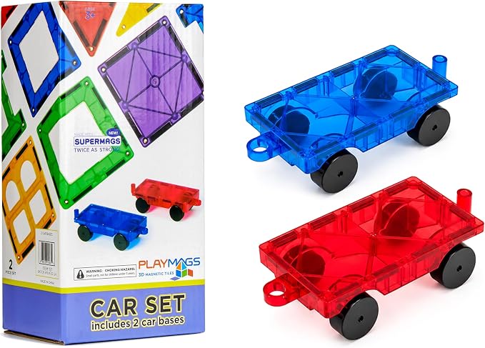 Playmags Magnetic Car Set (2 Pieces) – Strong Magnet Car Bases for Magnetic Tiles, STEM Building Toy Accessories for Kids, Compatible with Magnetic Blocks, Durable Wheels, Creative Play Add-On by Playmags