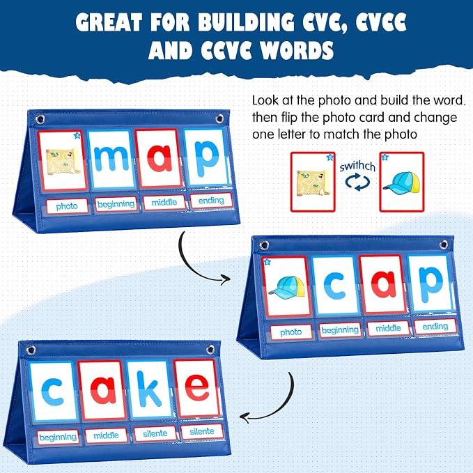 KIKIGOAL CVC Word Builder Desktop Pocket Chart Tent Cards Kit Phonics Games Flash Cards for Preschool Kindergarten Classroom Spelling Educational Toy for Kids Autism Special Education - Image 3