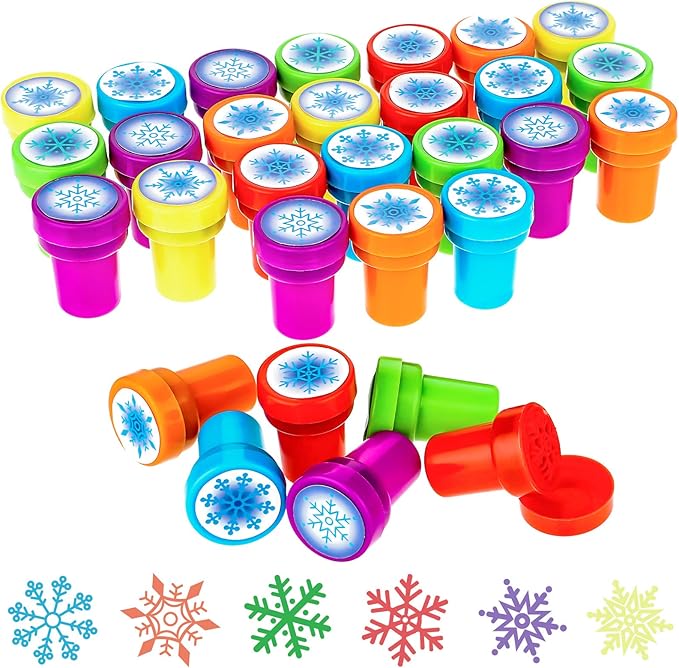 36 Pieces Snowflake Stamps Winter Stamps Bulk Plastic Colored Self Ink Assorted Snowflake for Card Making Christmas Party Favors, 6 Styles(Colorful)