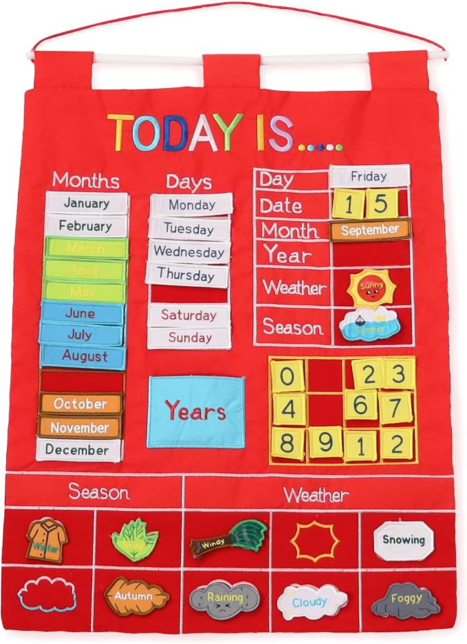 The Peanutshell Learning Calendar Wall Chart - Homeschool Supplies, Interactive Pocket Chart for Toddlers & Kids - Preschool Learning Activity Board, Circle Time Board for Classroom - Red Today is by ThePeanutshell