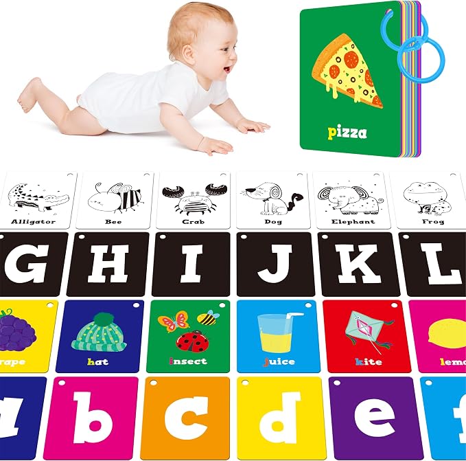 52 PCS Baby Visual Stimulus Cards, Double-Sided High Contrast Black and White, Colorful Alphabet Words Flashcards, Visual Sensory Development Montessori Cards Set for Newborn Baby, Kids, Preschool by SpriteGru