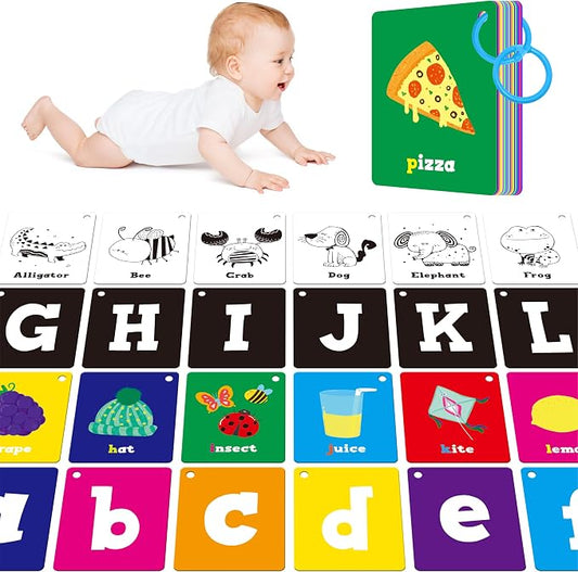 52 PCS Baby Visual Stimulus Cards, Double-Sided High Contrast Black and White, Colorful Alphabet Words Flashcards, Visual Sensory Development Montessori Cards Set for Newborn Baby, Kids, Preschool by SpriteGru