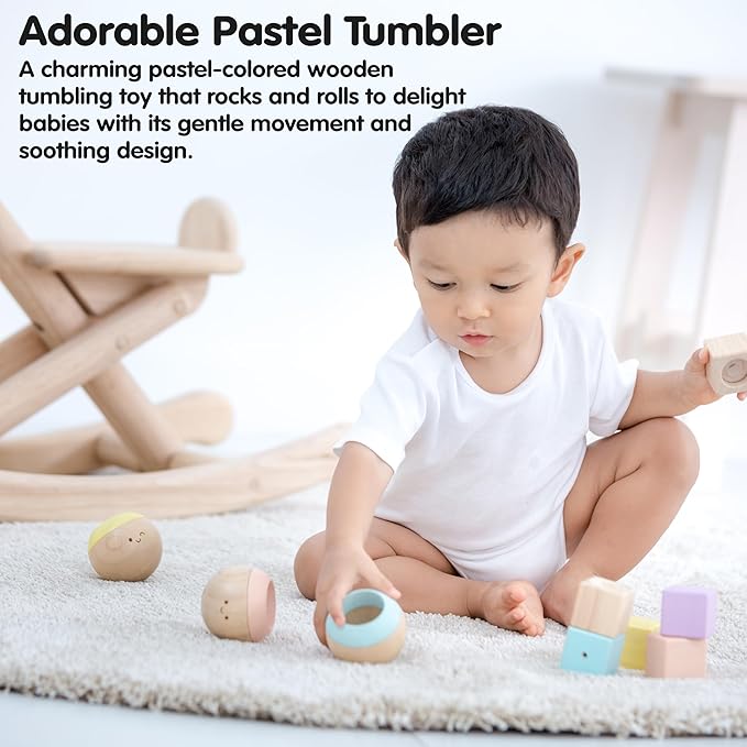 PlanToys® Pastel Wooden Tumbling Montessori Toy | Developmental Baby Toy for Fine Motor Skills & Sensory Play | Safe & Eco-Friendly for Babies 6 Months+