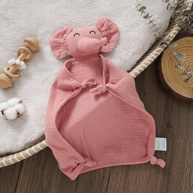 100% Organic Elephant Loveys for Babies,Muslin Baby Security Blankets for Babies,Soft Elephant Baby Stuffed Animals for Newborn,Baby Gift for Boys and Girls (Pink)