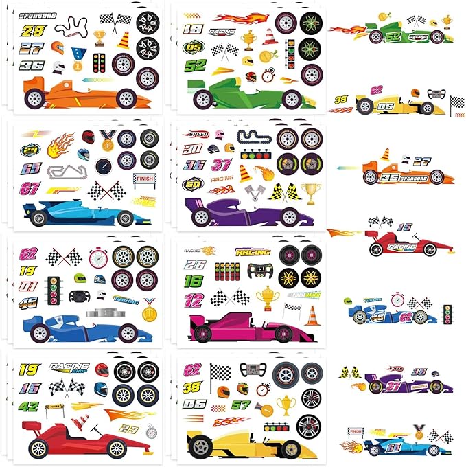 24 Sheets Make Your Own Race Car Stickers, Sporty Racing Car Stickers for Kids, Racing Gifts Party Favors Birthday Decorations, Classroom Teacher Reward Craft