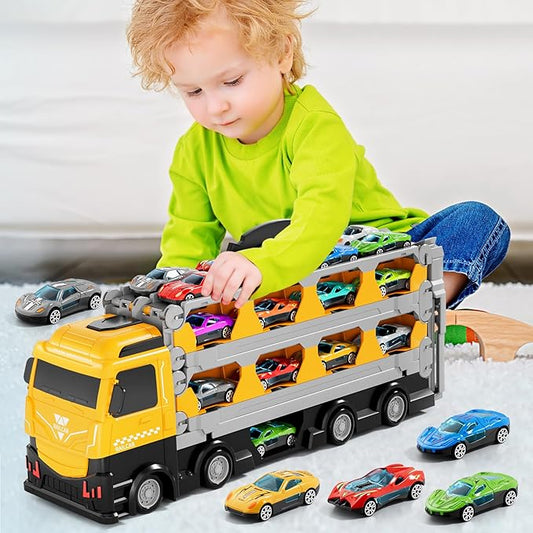 Transport Truck with 24pcs Die-Cast Cars Toys, Cars Toddler Toys Gifts for 2 3 4 5 6 7 Years Old Boys Girls
