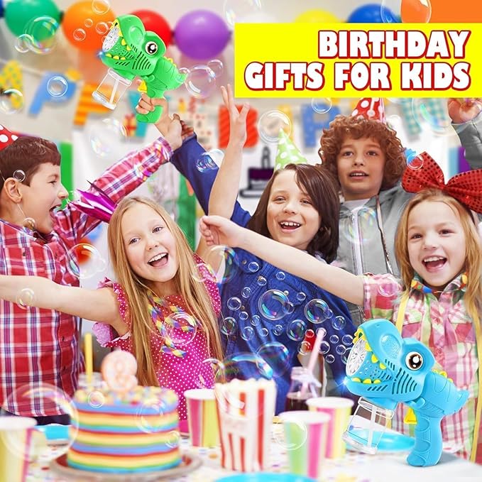 Kids Bubble Gun 2 Pack Dino Bubble Machine Gun for Toddlers with 4 Solutions Automatic 13-Hole Bubbles for Kids Blower Maker Easter Basket Essentials Stuffers Valentines Gift Party Toys for Boys Girls