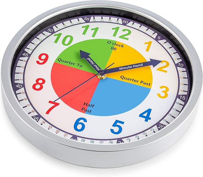 Bernhard Products Colorful Kids Wall Clock Teaching Time Telling Silent Non-Ticking Educational Learning Tool, Colored Numbers for Children Teachers Homeschool and Parents, School Classroom Playroom - Image 5