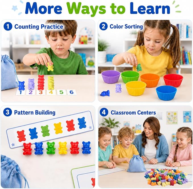 XINHUIDALSQ Rainbow Counting Bears Set of 60, 6 Colors Sorting Teddy Plastic Bears Math Manipulatives for Toddlers, 1 Inch Bear Conters Ages 3+ Kids - Image 4