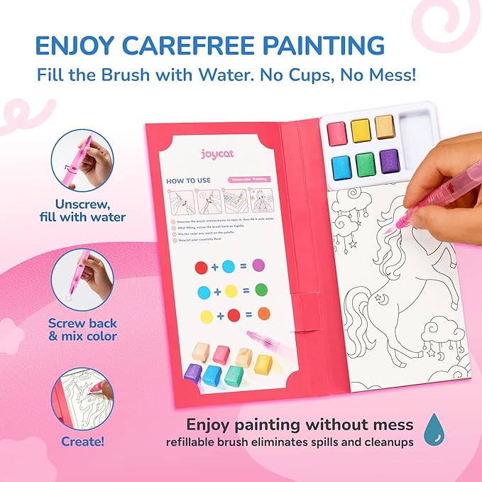 JoyCat 2 Pack Pocket Paint with Water Coloring Books for Kids, Art & Craft Activity Toy Set, Creative Travel & Home Painting Kit, Gifts for Girls & Boys Ages 3-8 (Magical Pony & Dinosaurs)