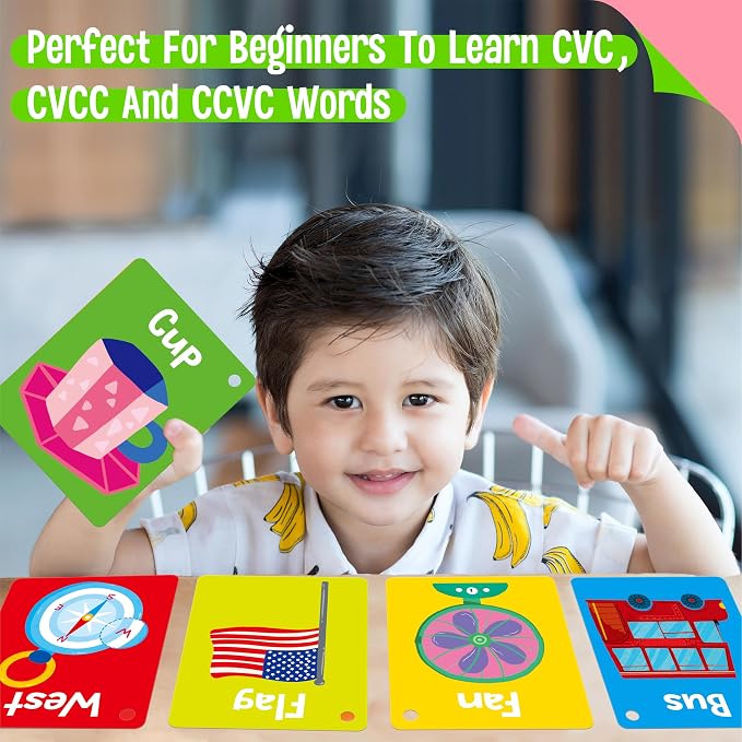 52 PCS Word Flashcards, 52 CVC Words & 52 CVCC, CCVC Words Double-Sided Cards with 2 Rings, Vocabulary Phonics Learning, Educational Tool for Preschool, Kindergarten, Toddlers - Image 5