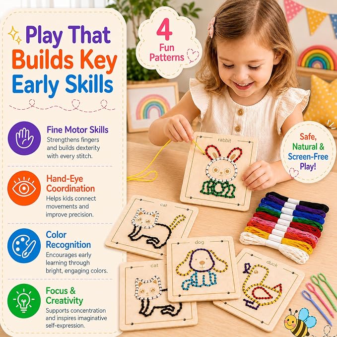 Montessori Wooden Lacing Toys for Toddlers and Kids Ages 2-4 5-7, Sewing Kit Fine Motor Skill Busy Board, Education Sensory Preschool Toy for 1 2 3 4 Year Olds, Birthday Gift for Boys and Girls - Image 2