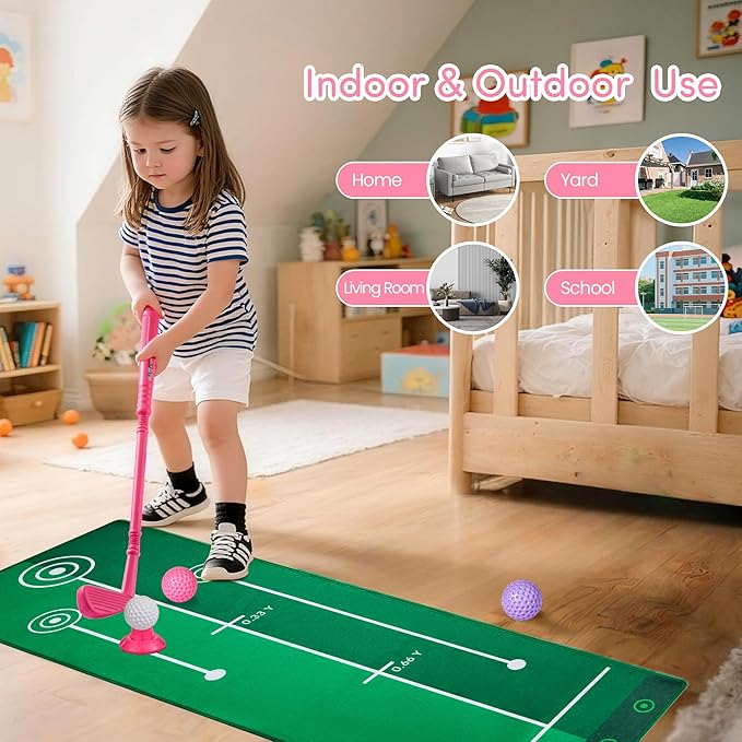 PJG Toddler Golf Set with Mat, Plastic Kids Golf Clubs 3-5 with 4 Golf Clubs and 10 Balls, Indoor and Outdoor Golf Toys with Cart for Toddlers Boys and Girls Aged 1 2 3 4 5 Years Old Birthday (Pink)