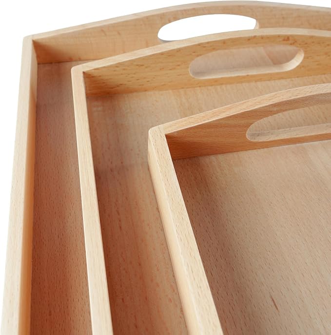 Premium Montessori Wooden Trays Set of 3- Solid Beechwood Wooden Working Trays with Handles for Classroom, Kids Dining & Toy Storage, Toddler Learning Tools, Sensory Bins & Home Organization - Image 3