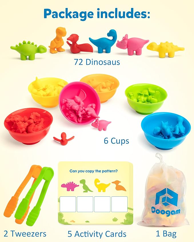 Coogam Counting Dinosaur Sorting Toy Set, Color Matching Classification Game, Montessori Fine Motor Skill Preschool Educational Montessori Learning Toys for 3 4 5 Years Old - Image 7