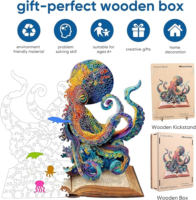 Reouinty Wooden Puzzles for Adults, Octopus Book Jigsaw Puzzles 200 Pieces, Unique Shape Animal Adult Puzzles, Irregular Wood Best Gift for Adults Family Game(11.4 * 10.9 in)