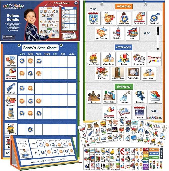SchKIDules Deluxe Magnetic Visual Schedule & Reward Chart w/189 Colorful Magnets & Reversible 18” Folding Board for Daily Routines, Chores, Behavioral Supports, Kids Calendar, ADHD & Autism Icons by SchKIDules