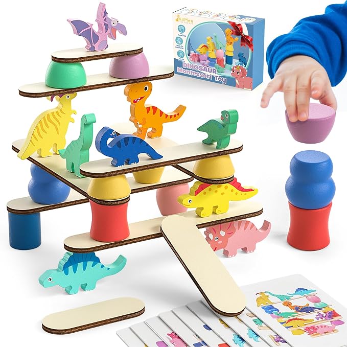 Montessori Dinosaur Toys for 1 2 3 4 Year Old Toddlers, Preschool Education Toys for Ages 2-4 Boys Girls Kids, Wooden Dinosaur Blocks Sorting & Stacking & Balance Toy, Educational Birthday Gift by JAiiMen