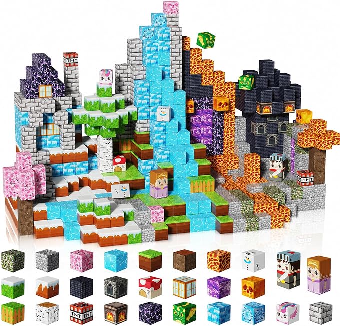 Magnetic Blocks - 150PCS Magnetic Building Block Cubes Dark Forest Glacier Castle, Magnet Toy Building Sets for Kids Age 3+, STEM Stacking Construction Toys Easter Gift for Boys Girls Age 4-8, 8-12 by Magneticfunthat%E2%80%99sneverdone