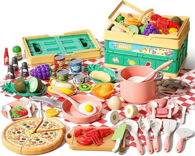 80pcs Pretend Play Kitchen Set for Toddlers, Kids Cookware Playset with Pots/Pans/Food/Fruits/Vegetables/Picnic Blanket/Storage Basket, Pink Educational Learning Toy Gift for Boys & Girls by Funpynani