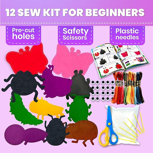 QUOKKA Kids Crafts Ages 4-8, DIY Beginner Needle and Thread Kit - 12 Bugs & Insects Sewing Kit Basic - Fun Art Crafts for Kids Ages 6-8 Girls Boys - Plastic Needles, Scissors - 6+ Year Old Girl Gifts