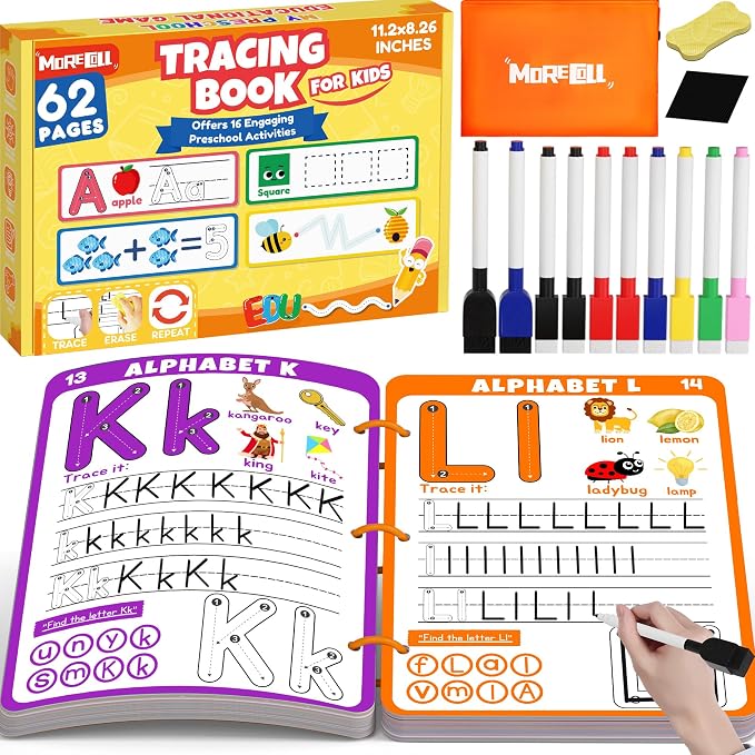 Preschool Learning Activities Educational Workbook, 62 Reusable Pages Pre Kindergarten Workbooks, Number Letter Tracing Books for Kids, Autism Learning Materials, ABC Busy Book for Kids Ages 3-7 by MORECOLL