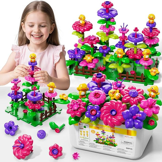 Flower Garden Building Toys for Toddler 3 4 5 6 7 Years Old, DIY Stacking Toys with Storage Box, Kids STEM Preschool Educational Toy, Christmas Birthday Gift for Girls Ages 3-5