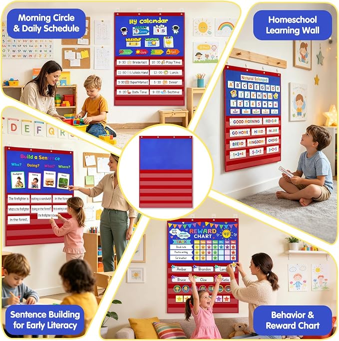 AKAYOK 2-in-1 Felt Board & Pocket Chart, 37”x28 Felt Board for Wall with 54 Self Adhesive Dots & 15 Dry Erase Sentence Strips, Flannel Boards Stories for Preschool, Early Literacy & Speech Therapy - Image 4