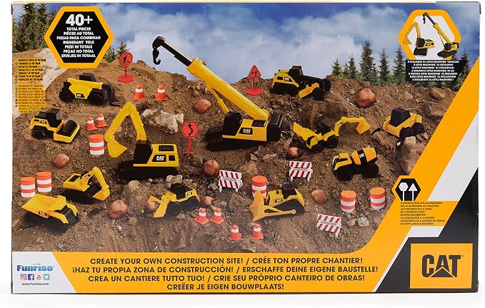 CAT Construction Toys, Little Machines Mega Set – 40+ Pieces with XL Crane & Excavator, 10 Mini Vehicles, Road Signs, Cones, Boulders & Barricades, Indoor/Outdoor STEM Toy for Kids Ages 3 + - Image 4