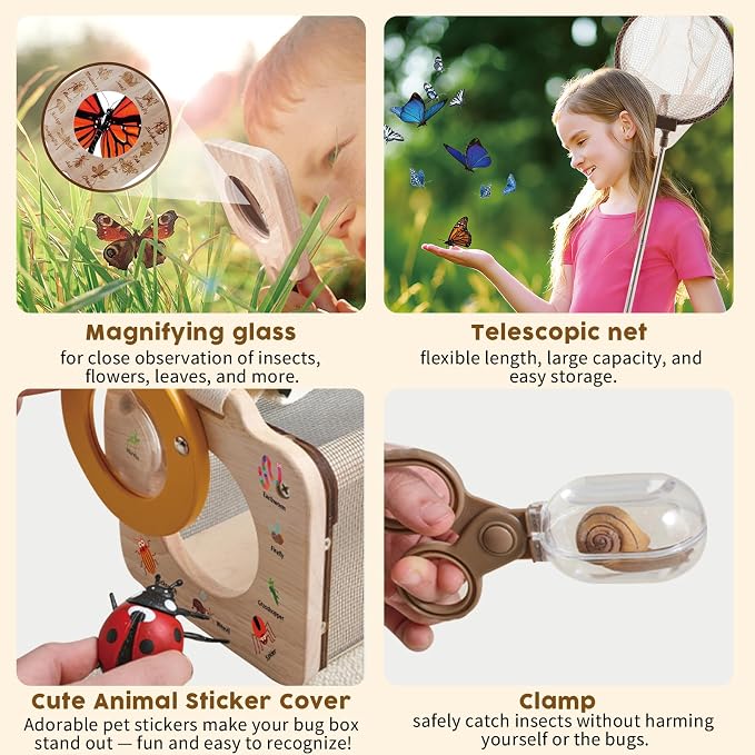 Wooden Insect Observation Kit for Kids,10Pcs Outdoor Nature Explorer Set, Insect Habitat Cage,Butterfly Net,Magnifying Glass,Compass STEM Education Toy, Birthday Backyard Gift for 3+ Boys & Girls - Image 4