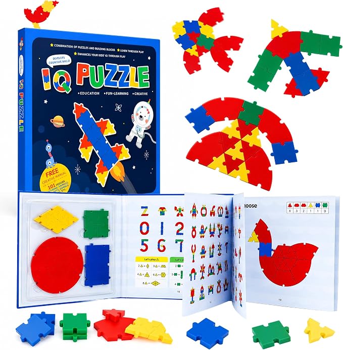 PRE-WORLD Pattern Blocks, 30 Pcs Interlocking Geometric Puzzle Kids 3+,IQ Puzzle Book, 101 Patterns, Non-Toxic Plastic, Math & Geometry Learning, Portable Storage for Home, Travel, Classroom by PRE-WORLD