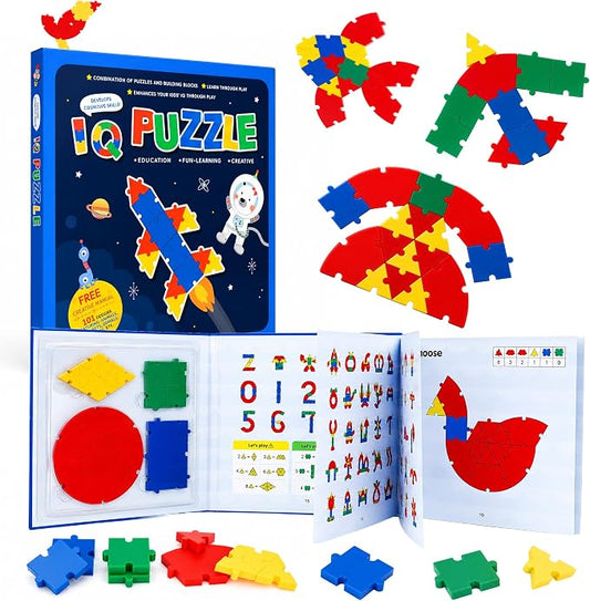 PRE-WORLD Pattern Blocks, 30 Pcs Interlocking Geometric Puzzle Kids 3+,IQ Puzzle Book, 101 Patterns, Non-Toxic Plastic, Math & Geometry Learning, Portable Storage for Home, Travel, Classroom by PRE-WORLD